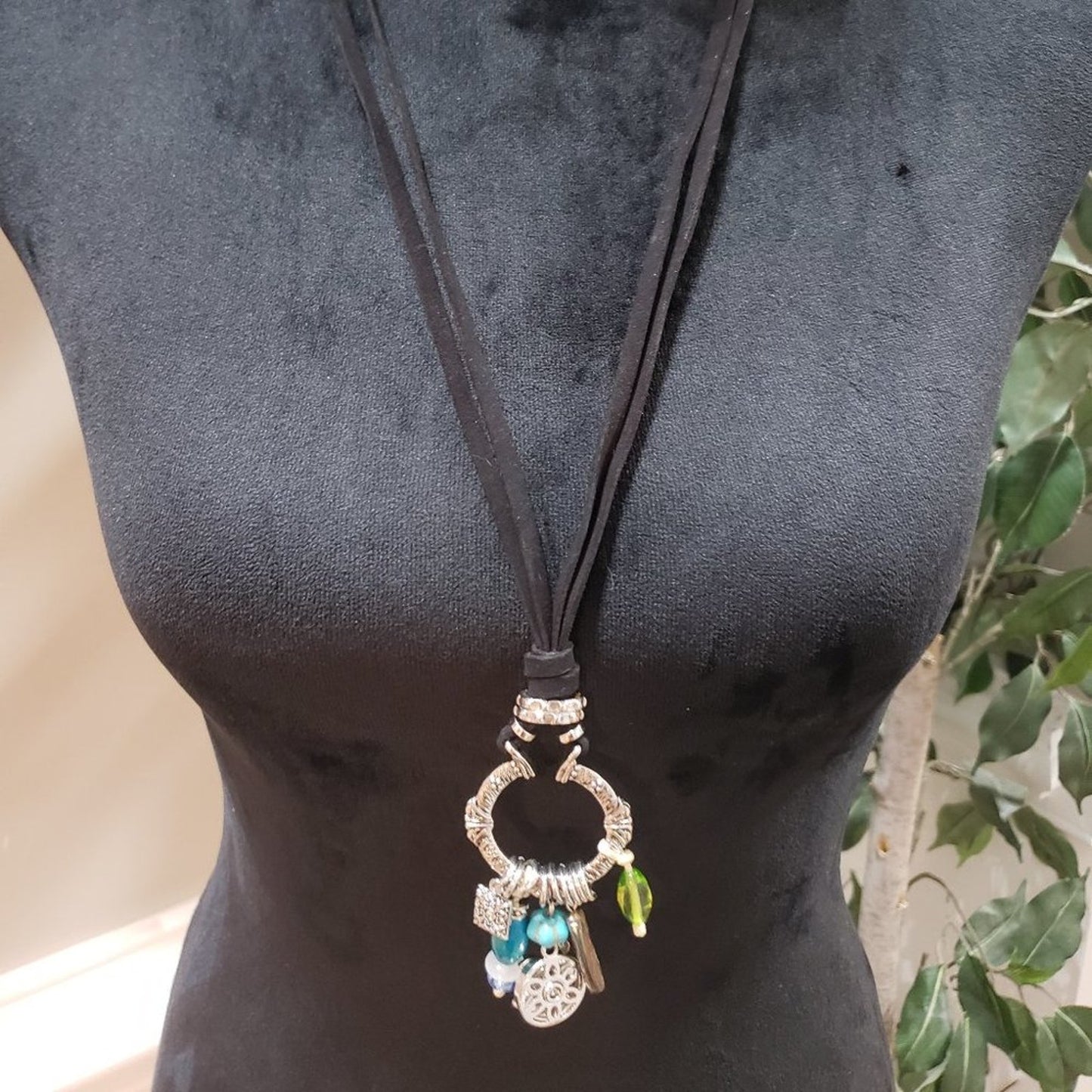 Magnolia and Vine Necklace Black Cord Turquoise Beads Green Crystal 18 mm Snap