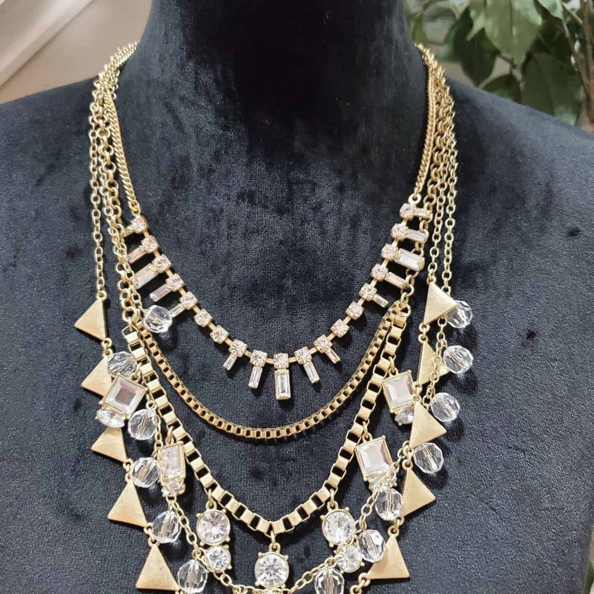 Womens Gold & Crystal Beaded Layered Statement Necklace