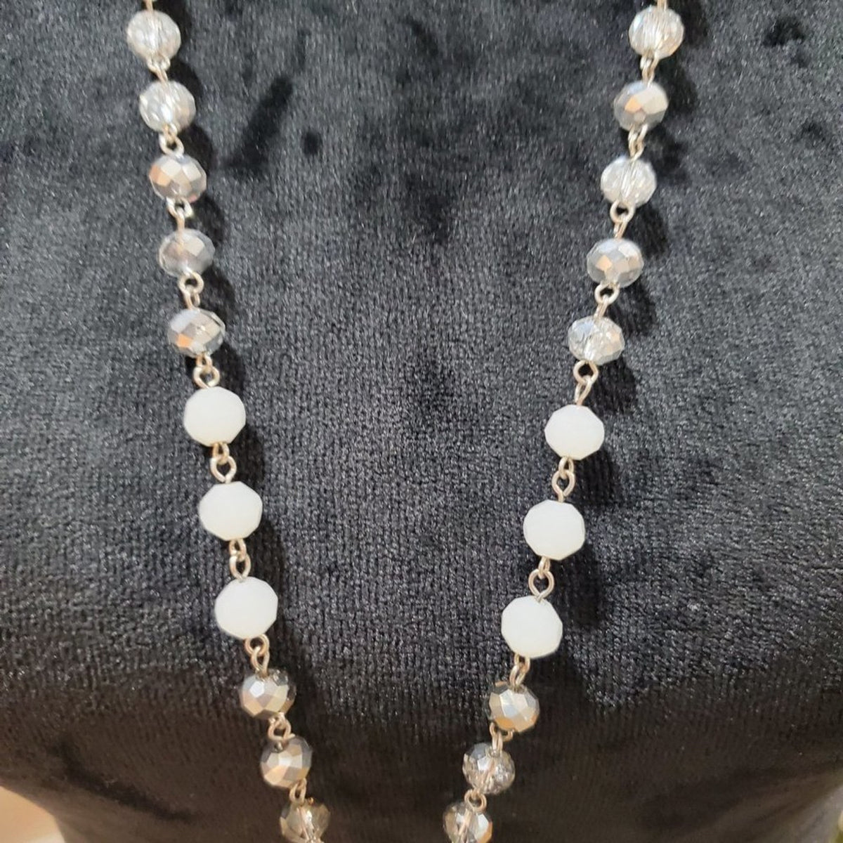 Women's Silver and White Beaded Long White Magnetic Breakaway Jewelry Necklace