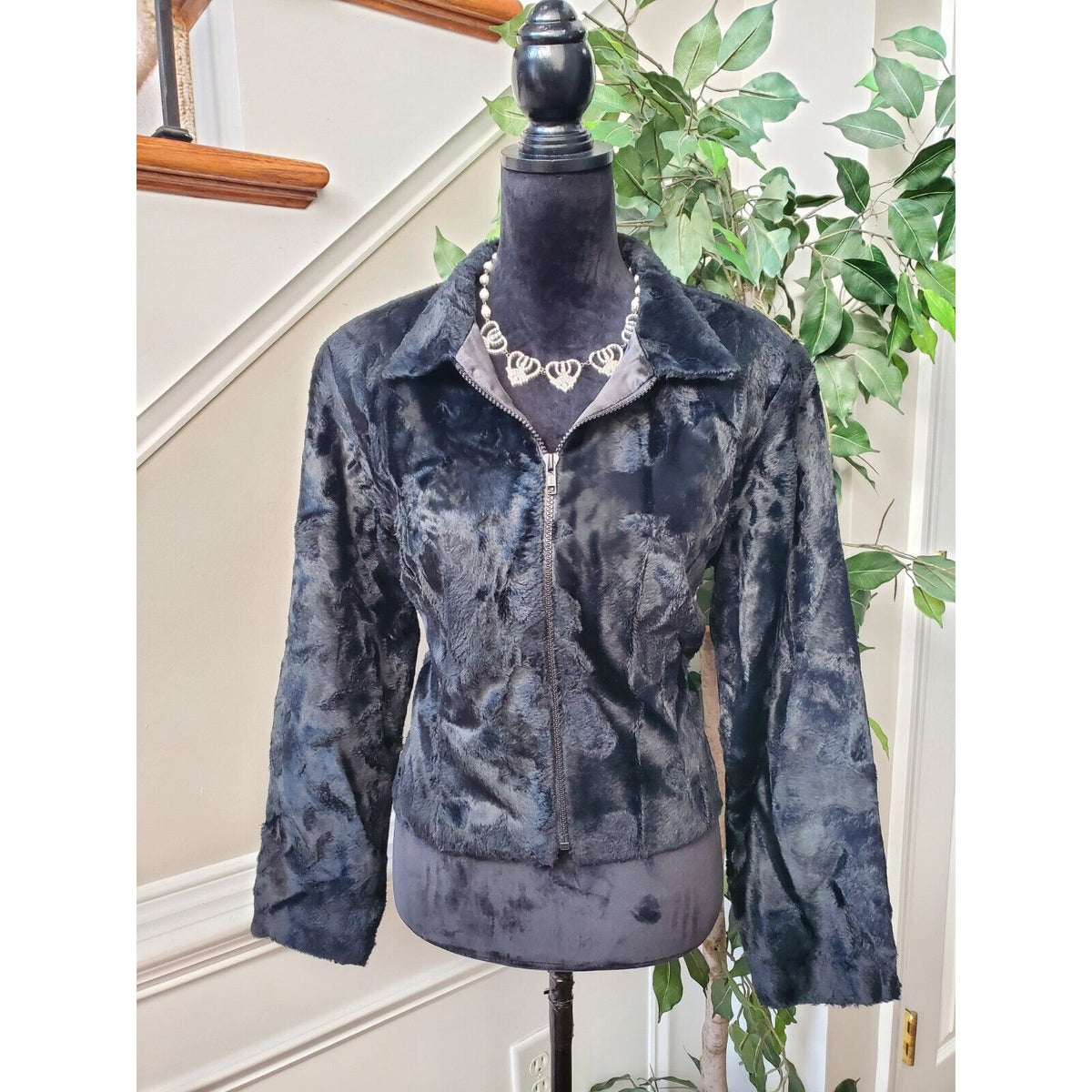 Monika Turtle Studio Black Faux Fur Long Sleeve Casual Front Zip Jacket Large