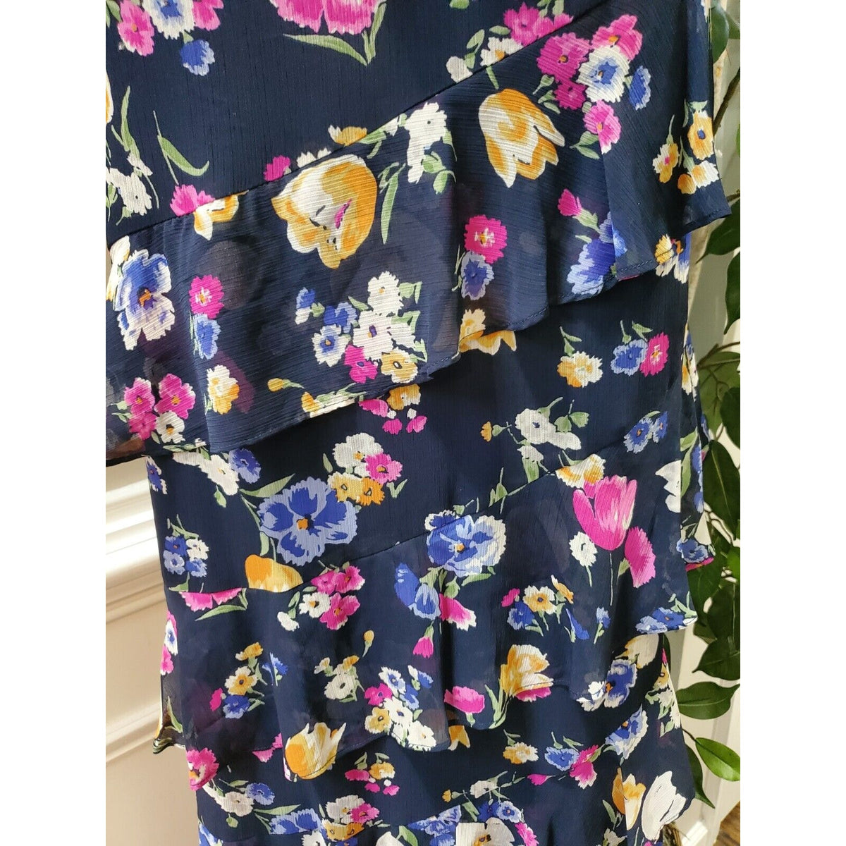 Ralph Lauren Navy Zipper Beaded Lined Darted Tiered Ruffled Floral Maxi Dress 10