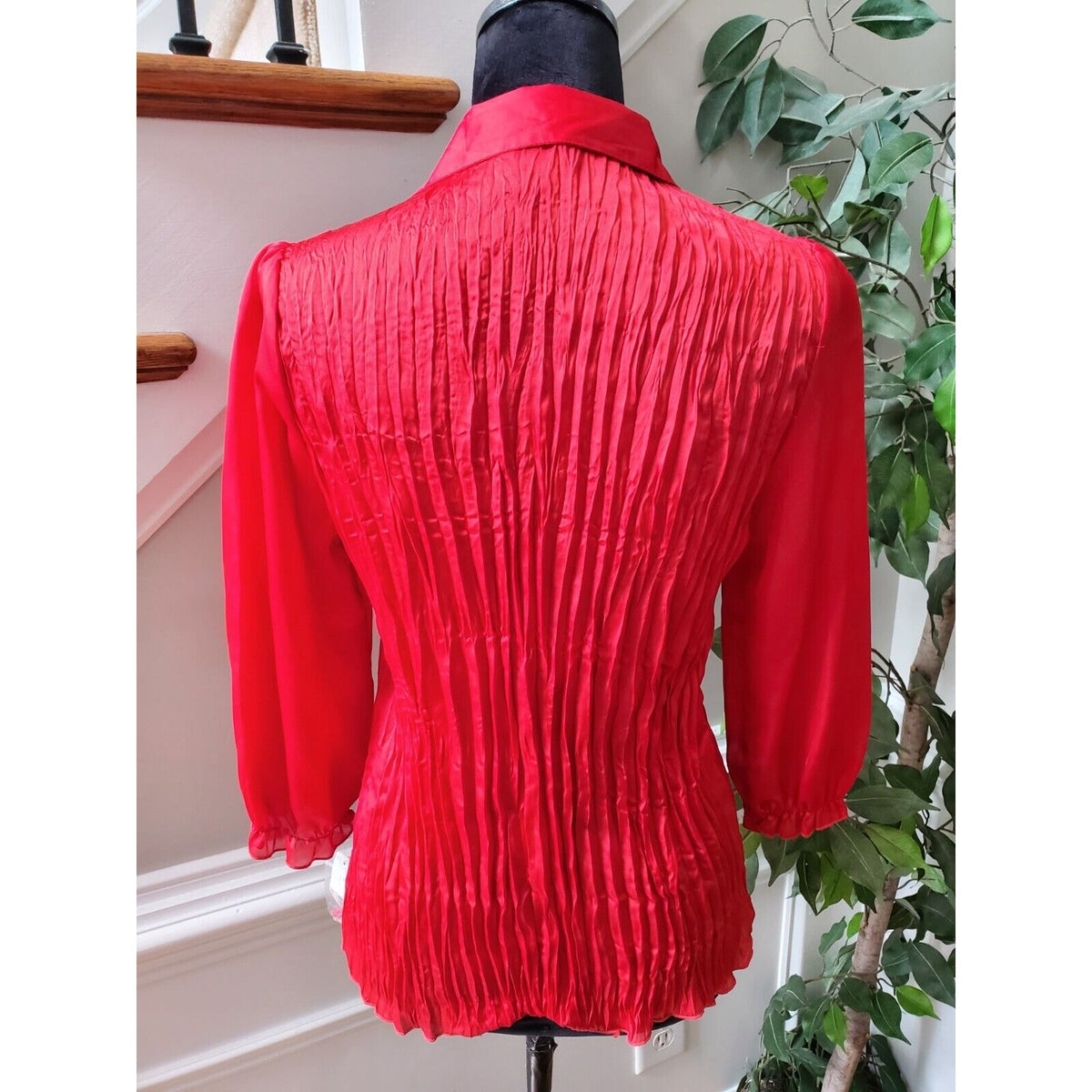 New Directions Women Red Polyester Collared Neck Long Sleeve Button Down Shirt S