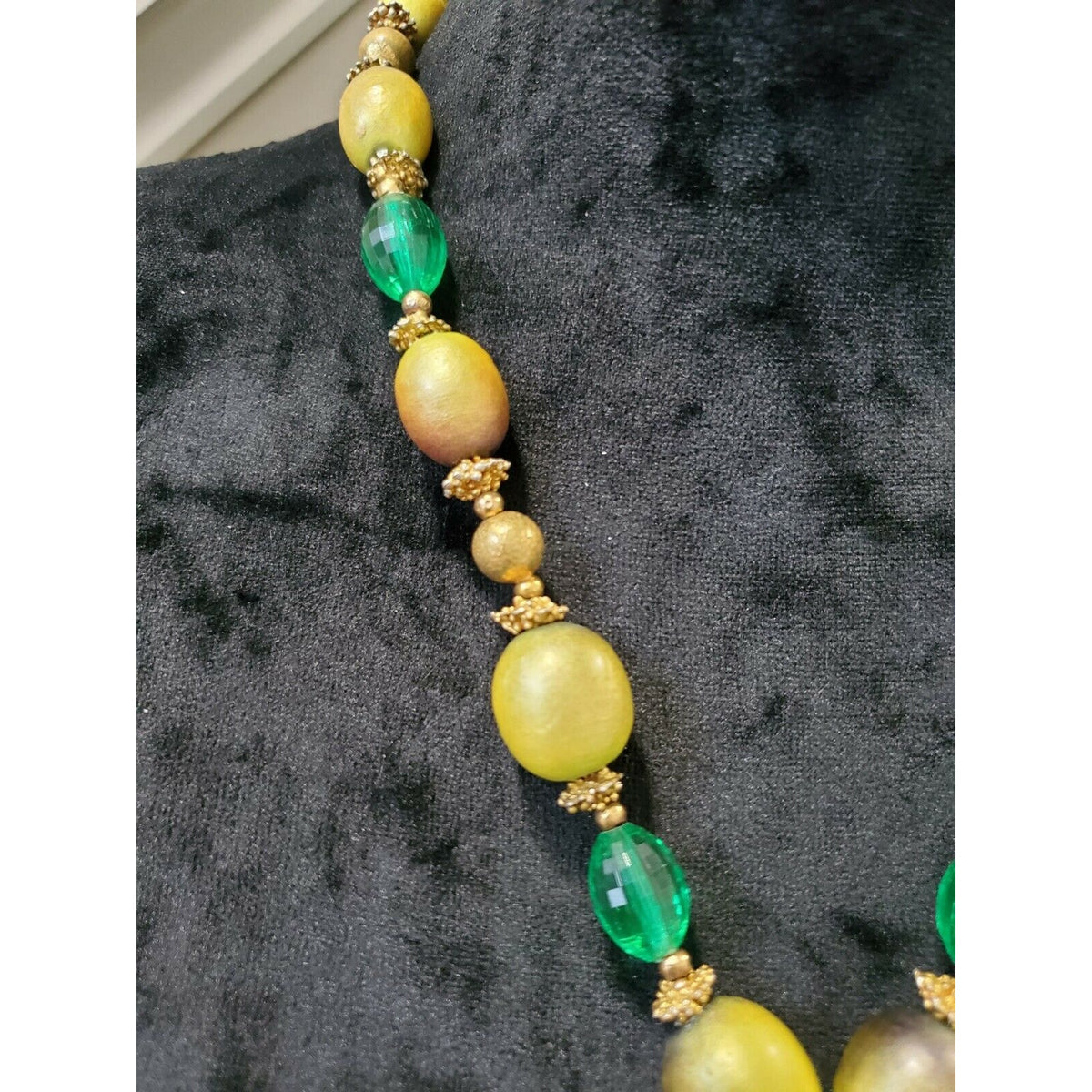 Vintage Wooden Green Olive, Crystal & Gold Ball Dangle Necklace 24"