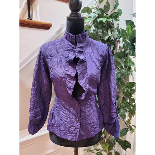 Chico's Women's Purple Polyester Long Sleeve Button Down Ruffle Shirt (0) Small