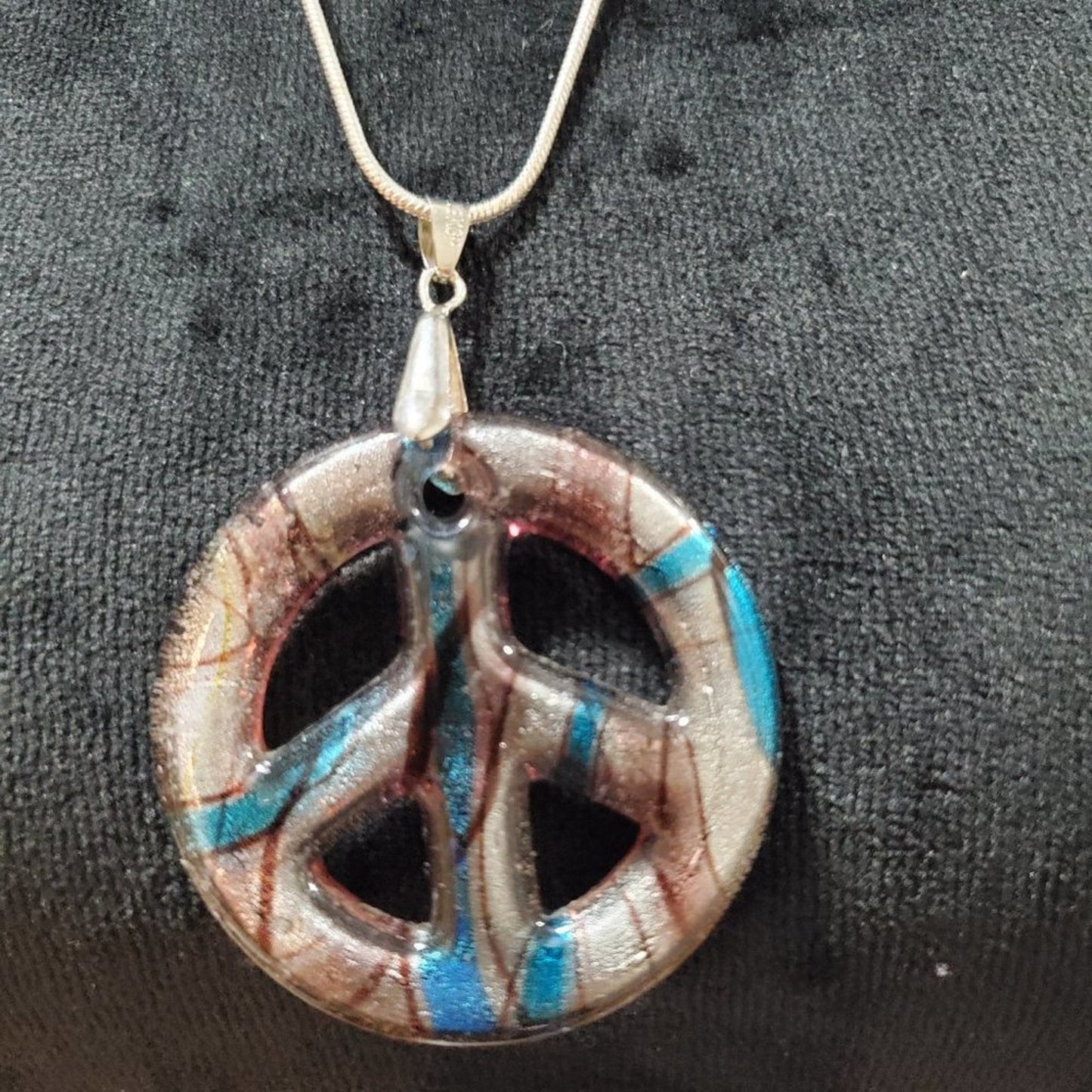Women's Gold & Blue Peace Sign Murano Glass Style Pendant Necklace