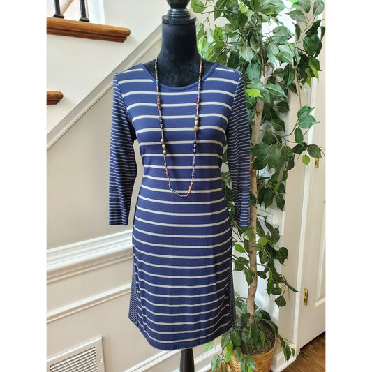 Fleur Bleue Women Blue Striped Modal Round Neck Long Sleeve Knee Length Dress S