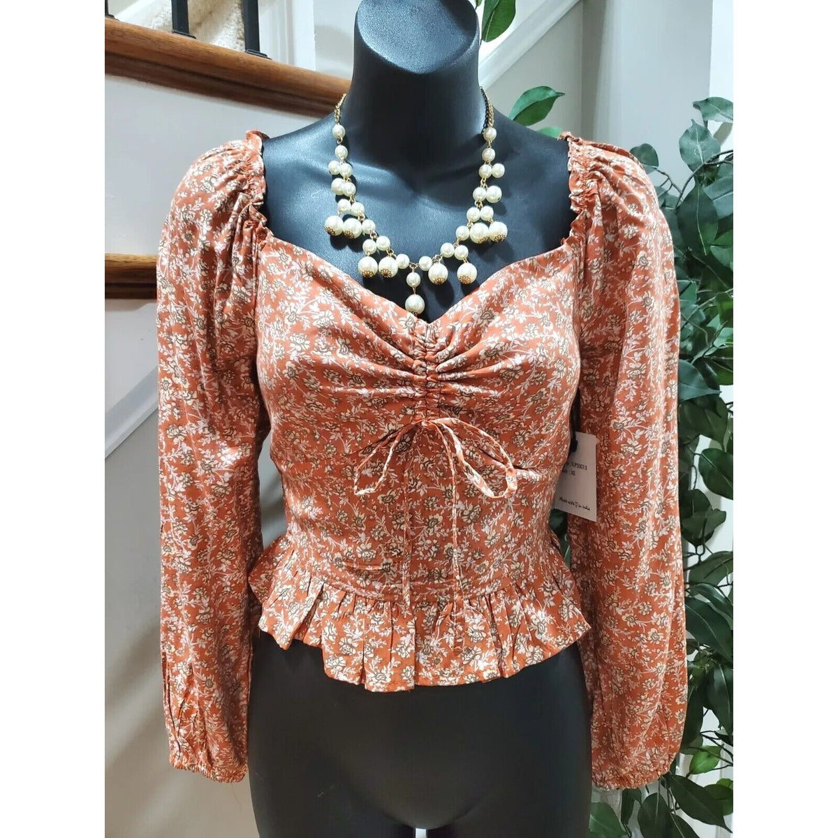 Japna Women Brown Floral 100% Viscose Sweetheart Neck Long Sleeve Top Blouse XS