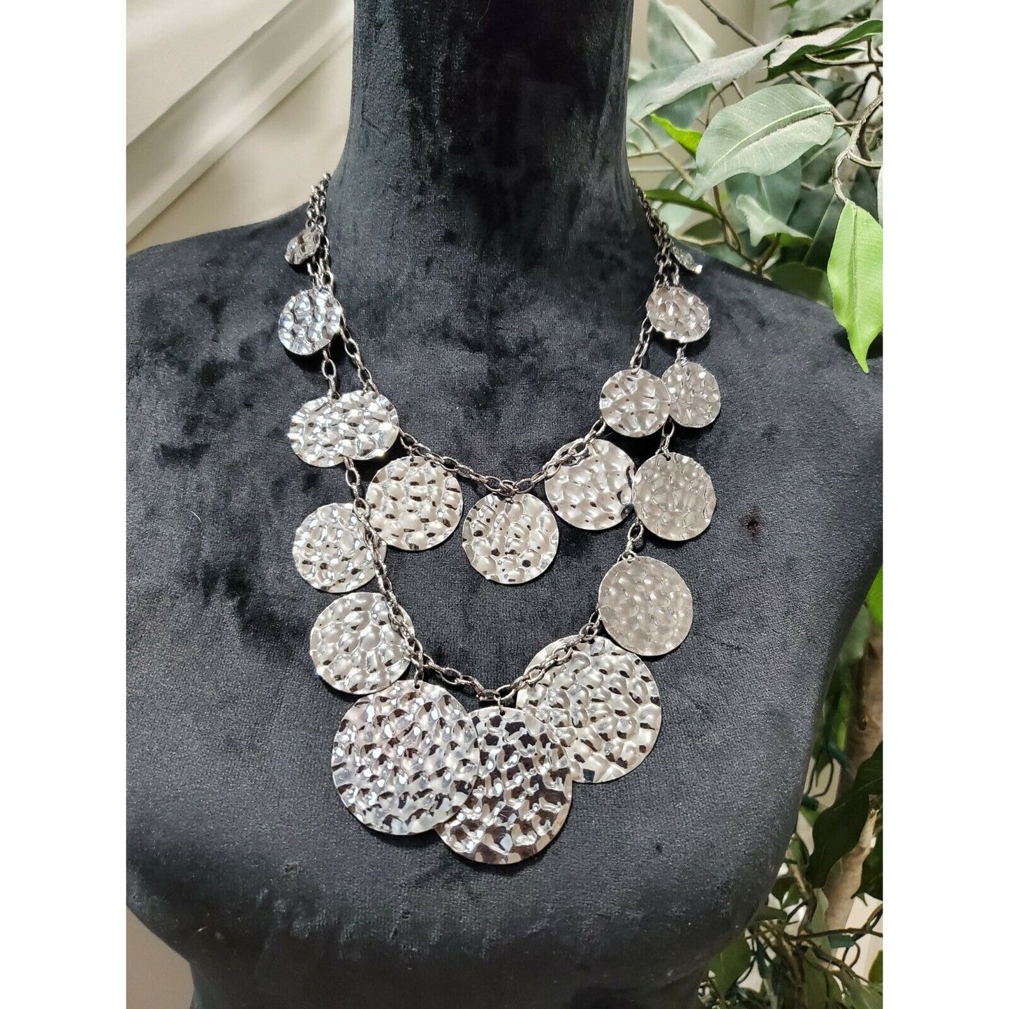 Women's Pewter Layered Multi-size Round Coin Stylish Chunky Necklace