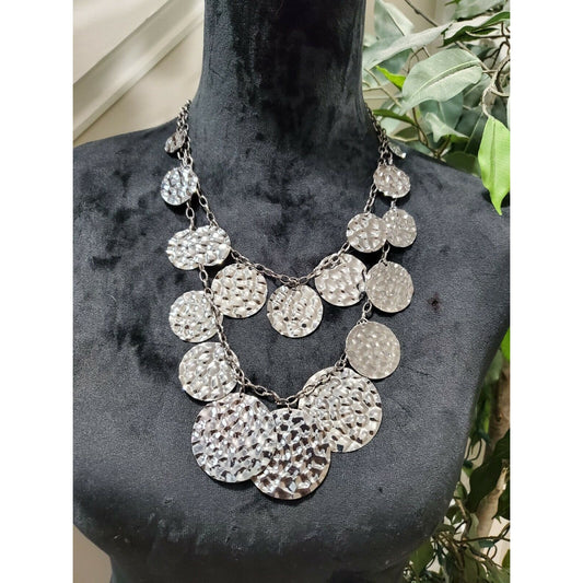 Women's Pewter Layered Multi-size Round Coin Stylish Chunky Necklace