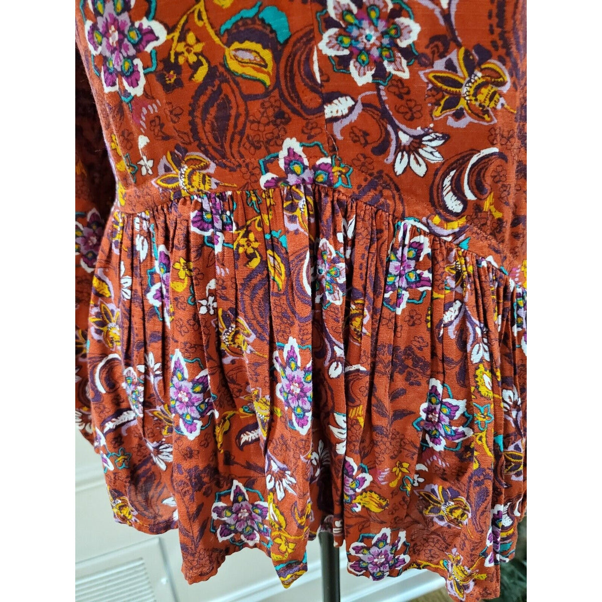 Women Brown Floral 100% Viscose Round Neck Long Sleeve Casual Top Blouse Size XL