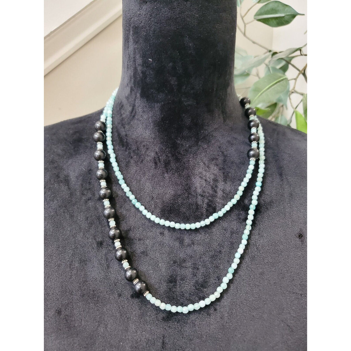 Women's Blue & Black Bubble Beaded Fashion Jewelry Double Necklace