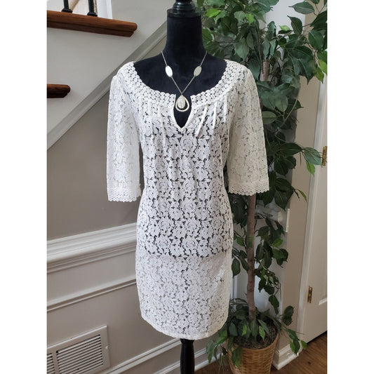 Nicole White Lace Floral Nylon V-Neck Half Sleeve Knee Length Dress Size 6