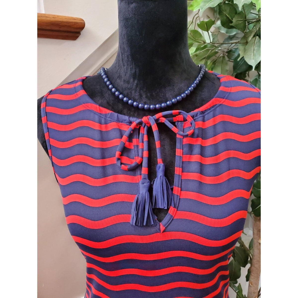 Tommy Bahama Red Navy Blue Sea Swell Split Neck Spa Dress Tassel Ties Size Small