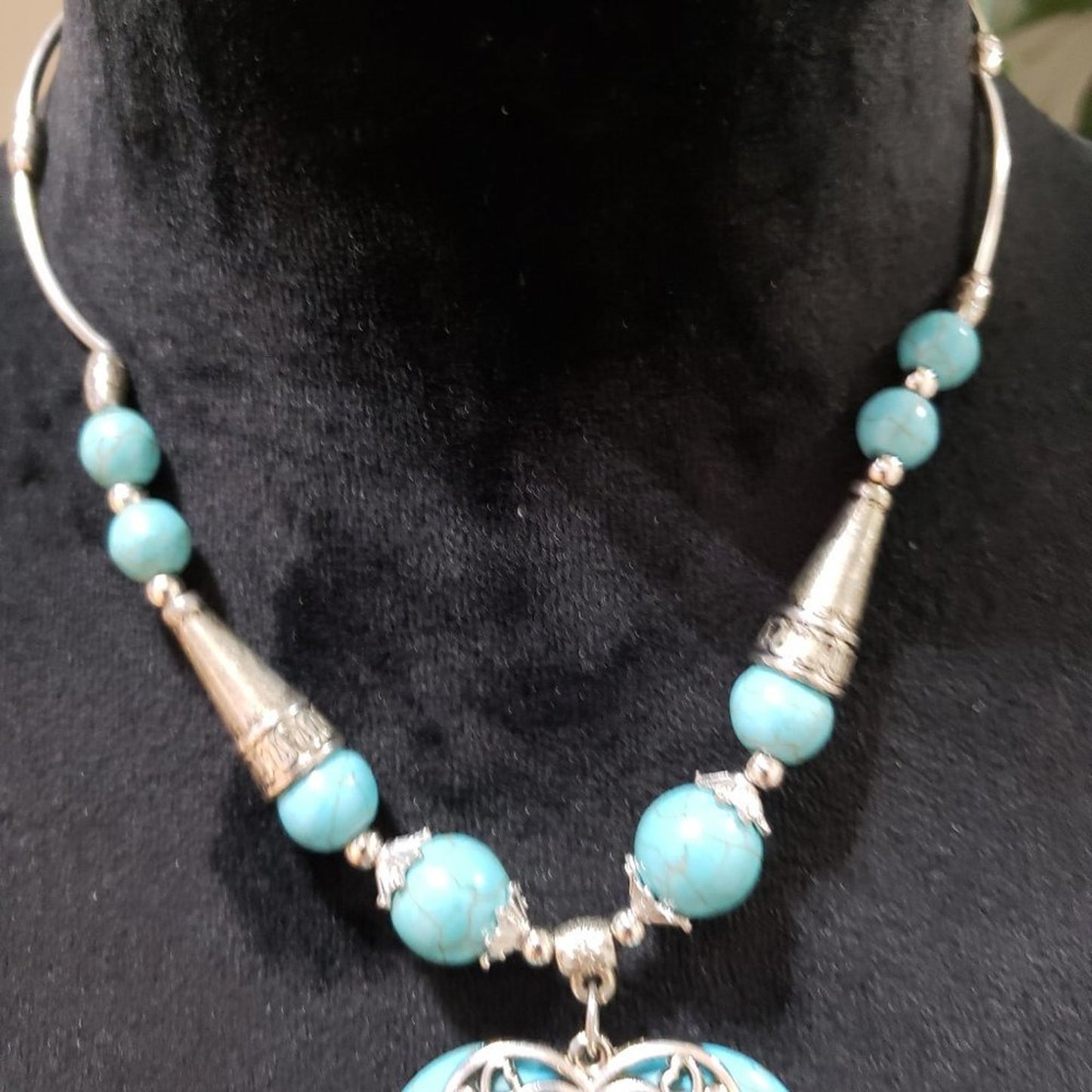 Womens Turquoise Love Heart Ethnic Style Statement Pendant Necklace with Lobster