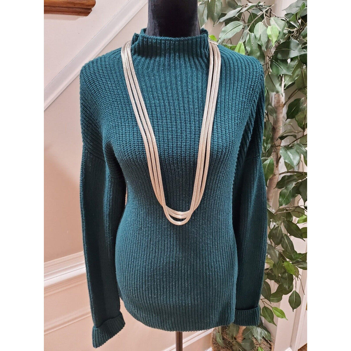 Calson Women's Green Cotton Long Sleeve Mock Neck Pullover Knit Sweater Small