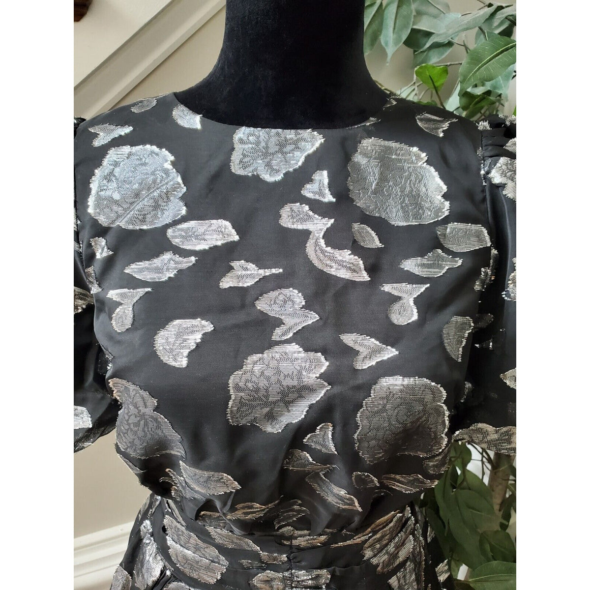 Aura Gray Polyester Round Neck Puff Short Sleeve Casual Knee Length Dress XS