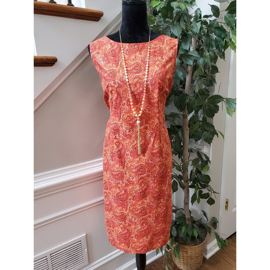 Relativity Women Orange Paisley Cotton Round Neck Sleeveless Knee Length Dress L
