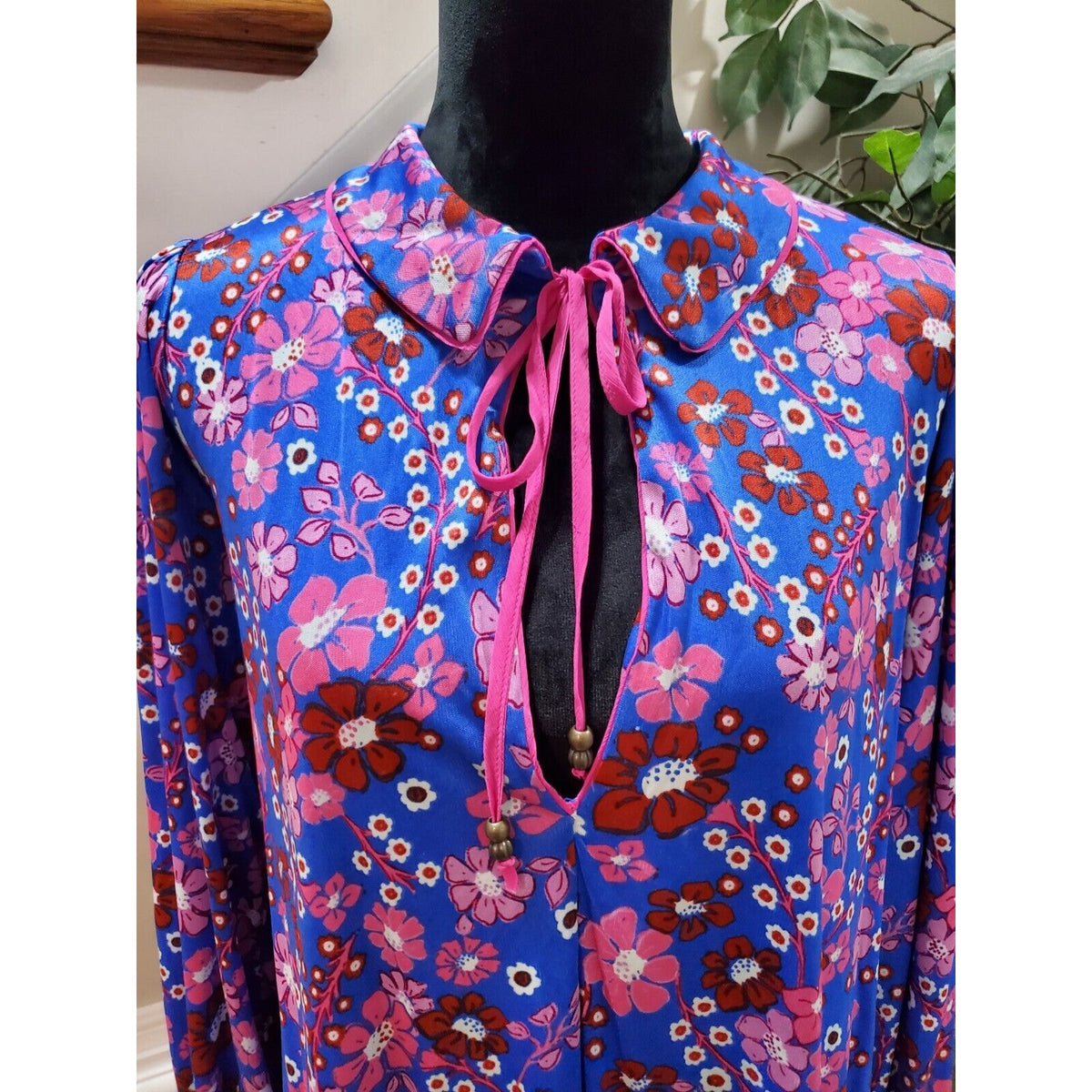 Free People Daisy Jane Mini Dress Botanical Combo Floral Tie Neck Size Small