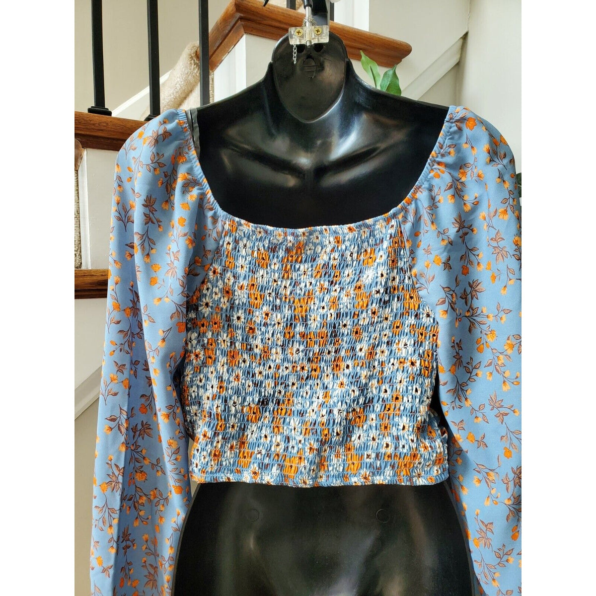 Madden Nyc Women Floral Polyester Sweetheart Neck Long Sleeve Top Blouse Size L