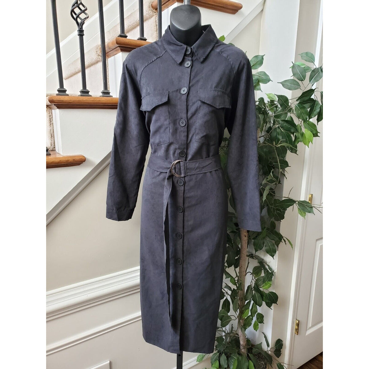 Noblemoon Womens Blk Polyester Long Sleeve Collared Button Down Shirt Jacket XL