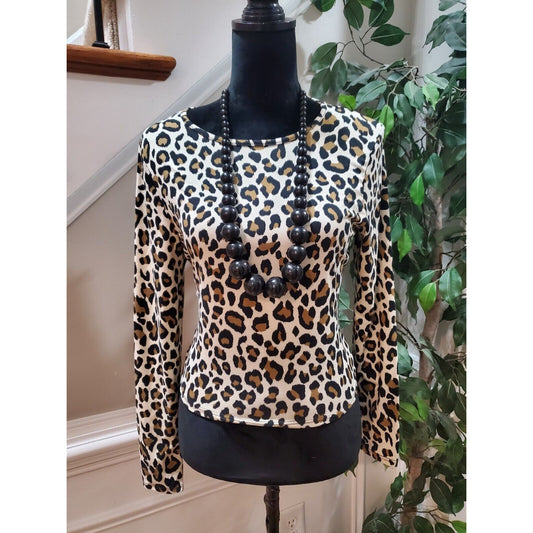 Gaze Women's Leopard Print Polyester Round Neck Long Sleeve Casual Top Blouse M