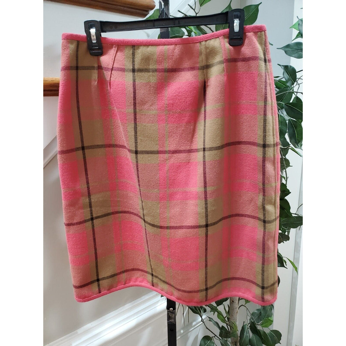 Evan Picone Vintage Pink Plaid Polyester Blend Casual Button Front Skirt Size 12