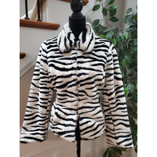 Nine West Women Black & White Acrylic Long Sleeve Casual Fur Jacket Size Medium