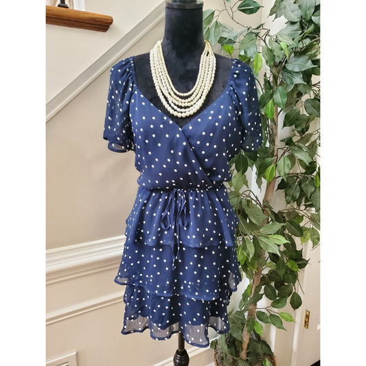 Trixxi Womens Small Polka Dot Mini Dress Navy White Flutter Sleeve Nautical L