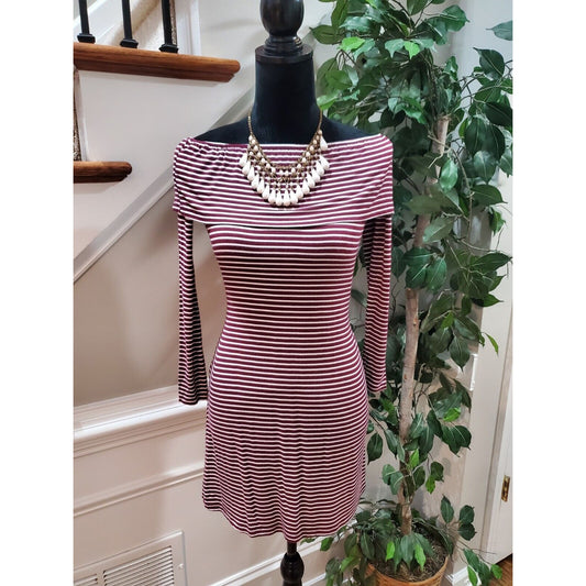 Love Fire Women Maroon Striped Off The Shoulder Long Sleeve Knee Length Dress XS