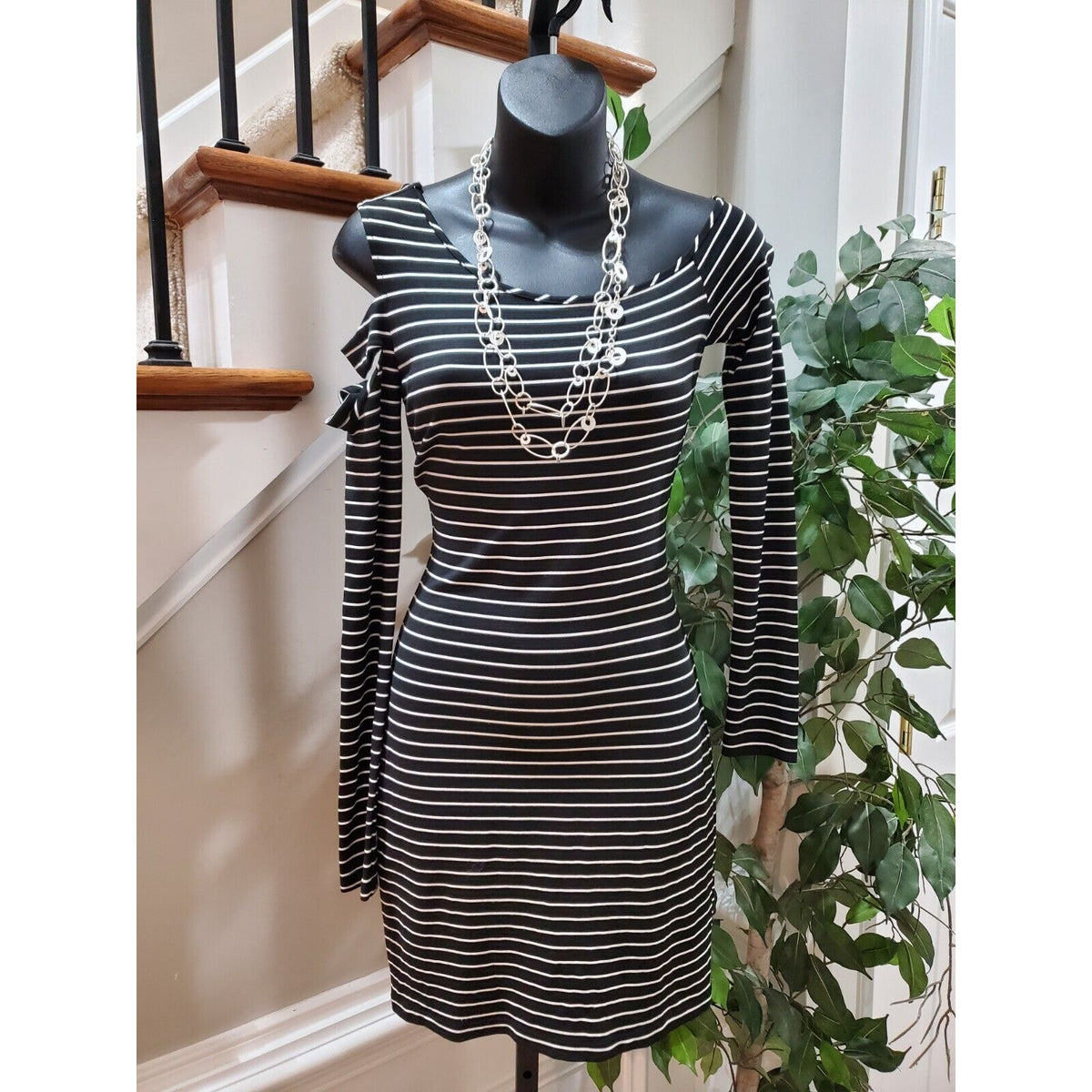 Torn by Ronny Kobo Off Shoulder Black Striped CutOut Sleeve Knee Length Dress XS