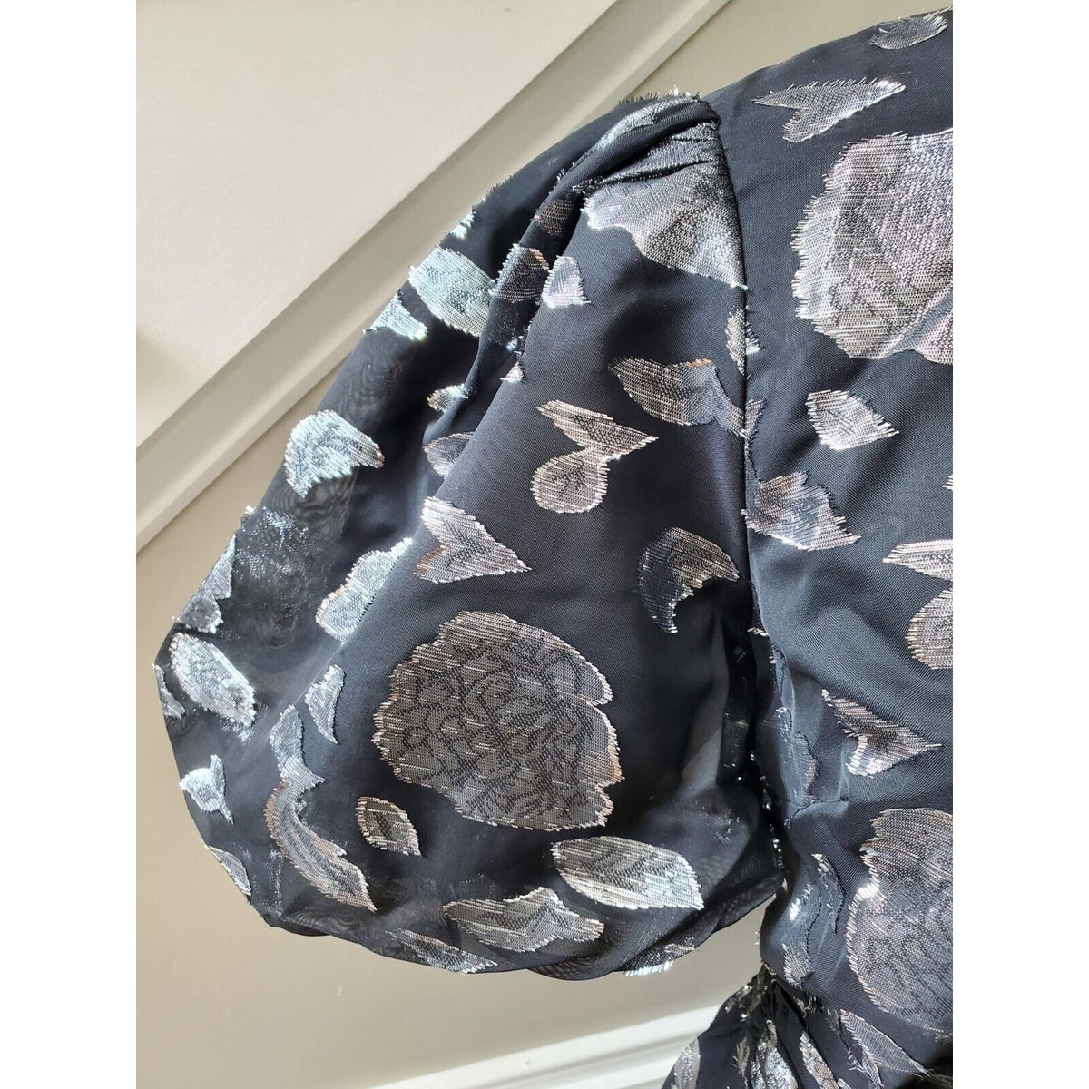 Aura Gray Polyester Round Neck Puff Short Sleeve Casual Knee Length Dress XS