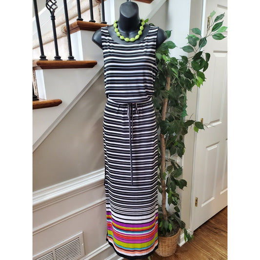 Nine West Women Black & White Polyester Round Neck Sleeveless Long Maxi Dress 10