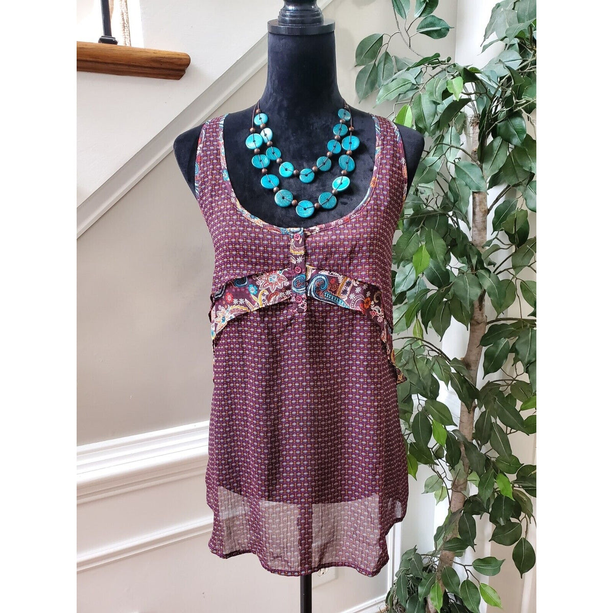 Mossimo Supply Co Sheer Purple Teal Scoop Neck Sleeveless Tunic Top Blouse XL.