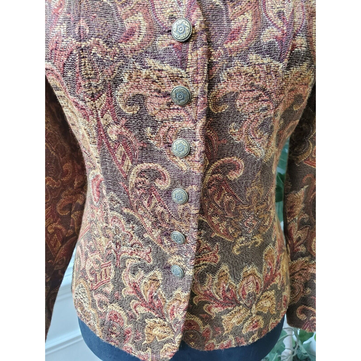 Sag Harbor Womens Brown Paisley Tapestry Button Front Jacket Blazer Size 10P