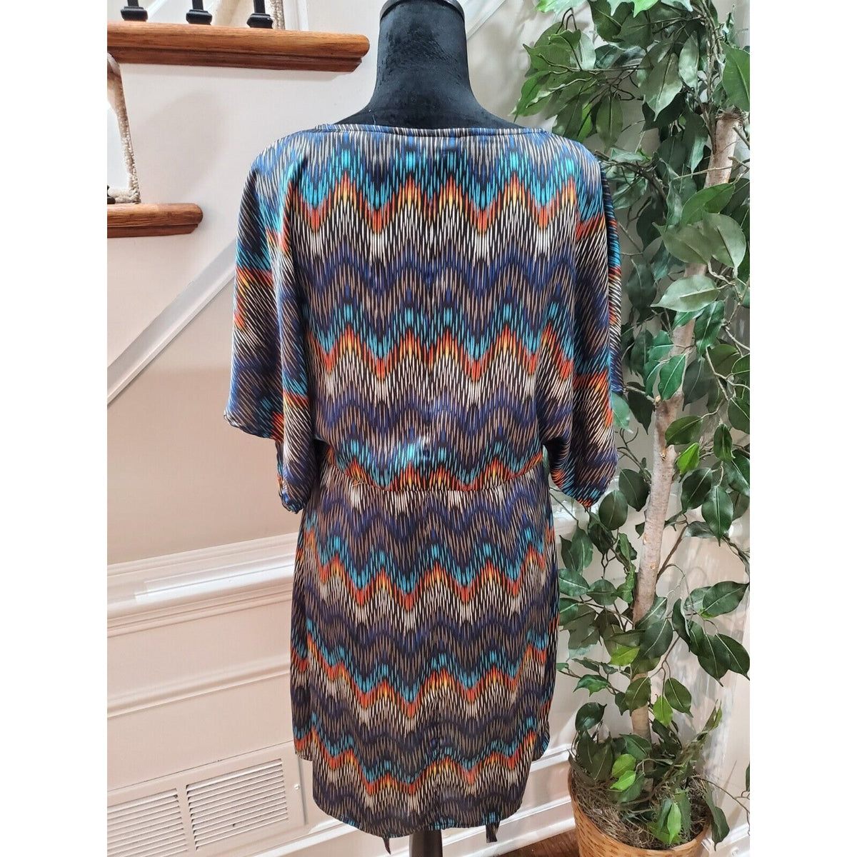 MSK Women Multicolor Polyester Round Neck Short Sleeve Knee Length Dress Size 8