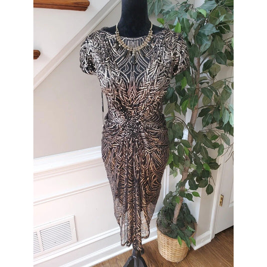 Tadashi Shoji Women's Black Boat Neck Short Sleeve Knee Length Dress Size Small