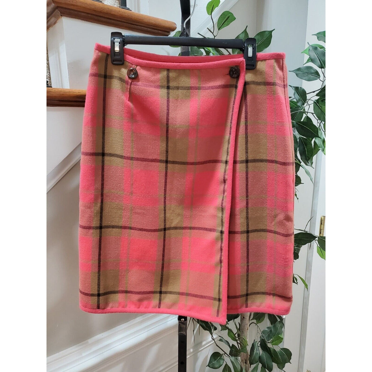 Evan Picone Vintage Pink Plaid Polyester Blend Casual Button Front Skirt Size 12