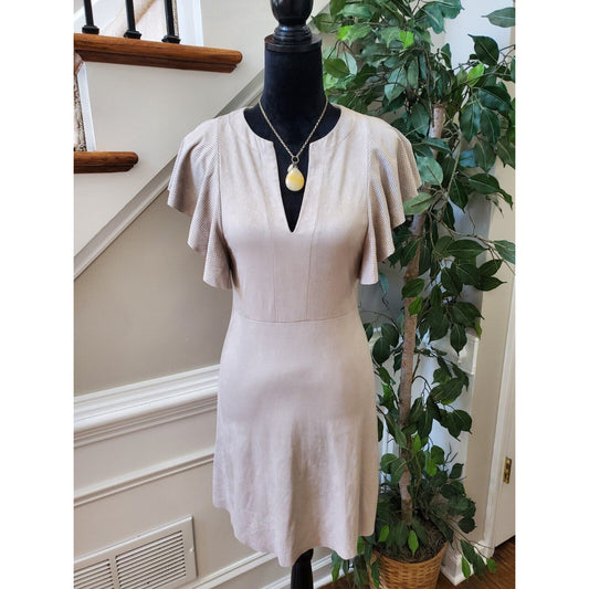 Mango Suit Beige Faux Suede V-Neck Short Flutter Sleeve Knee Length Dress XXS
