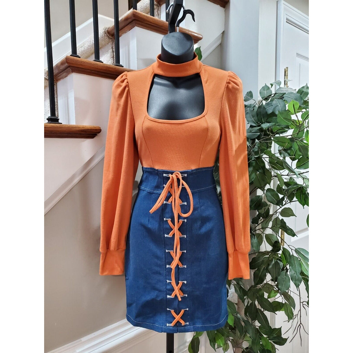 Miss 8 Women's Brown & Blue Cotton Mock Neck Long Sleeve Knee Length Dress S