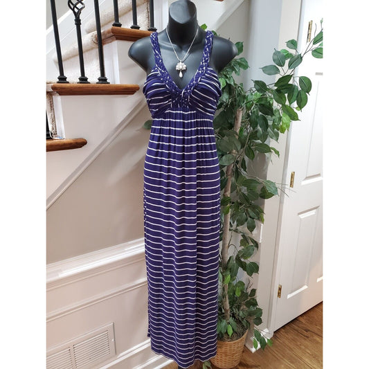 Design History Blue & White Striped Braided Straps Sleeveless Maxi Dress Small