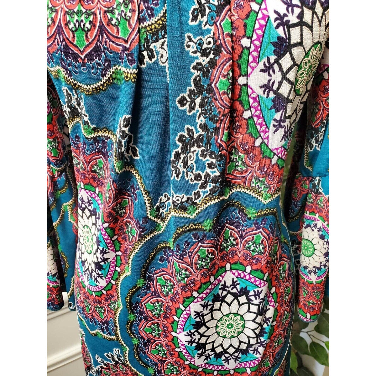 Honeyme Women's Multicolor Polyester Round Neck Long Sleeve Knee Length Dress XL