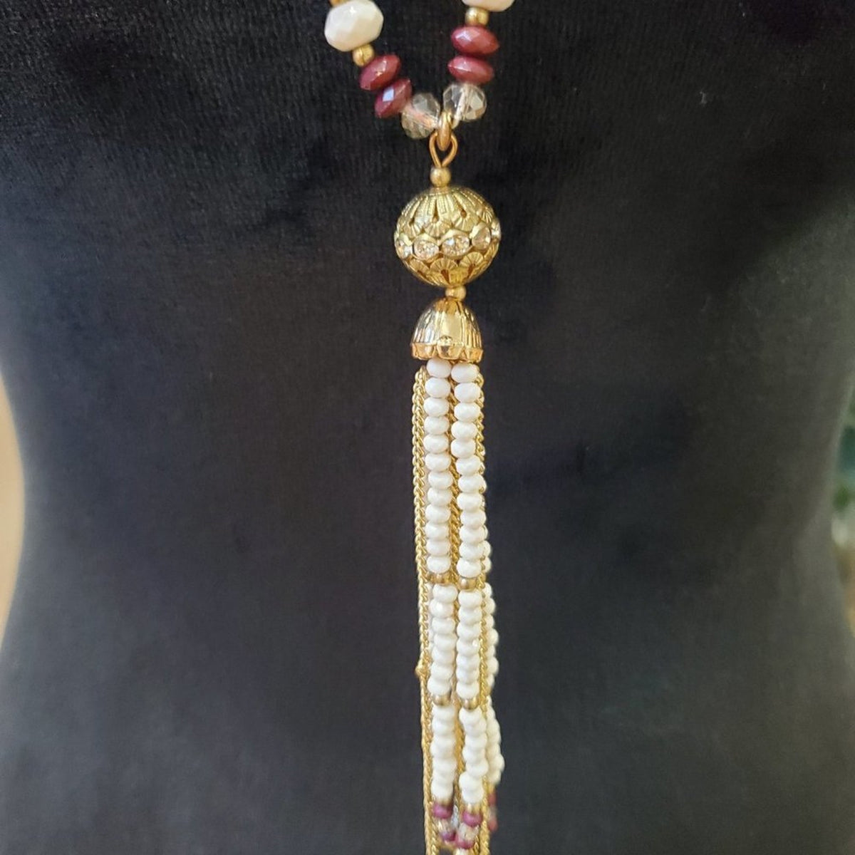 Women's Red & White Long Tassel with Lobster Clasp Pendant Necklace