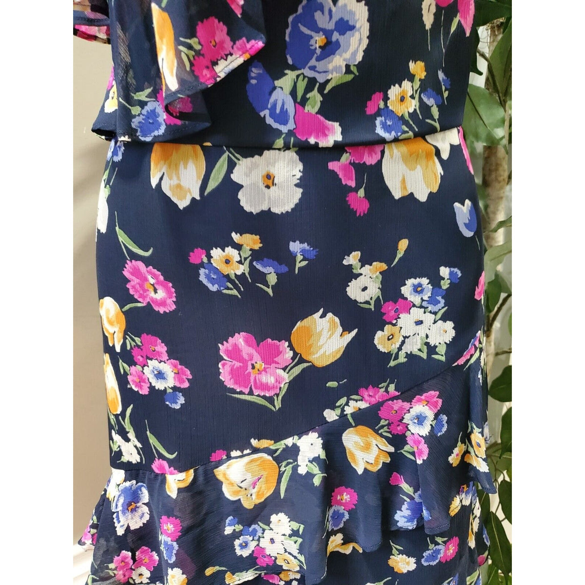 Ralph Lauren Navy Zipper Beaded Lined Darted Tiered Ruffled Floral Maxi Dress 10