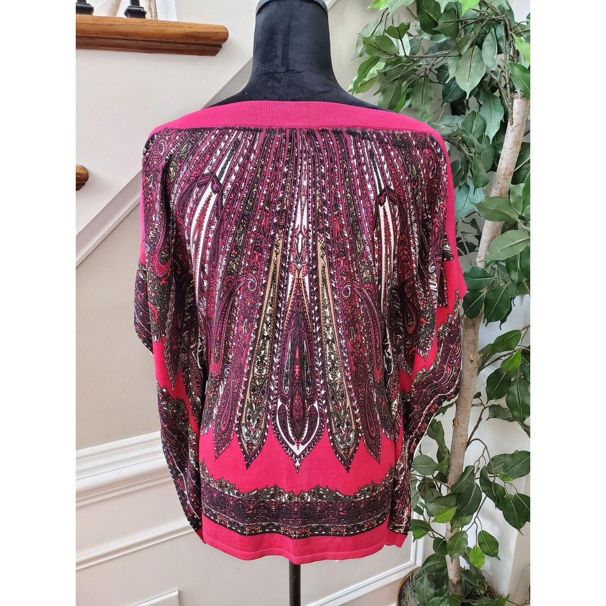 Cache Top Poncho Blouse Pink Paisley Knit Kimono Batwing Sleeves No Belt Size M
