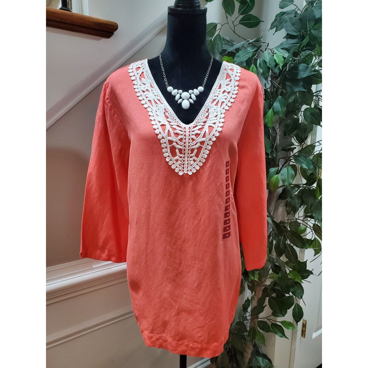 Premise Women's Peach Linen V-Neck Long Sleeve Casual Top Blouse Size X-Large