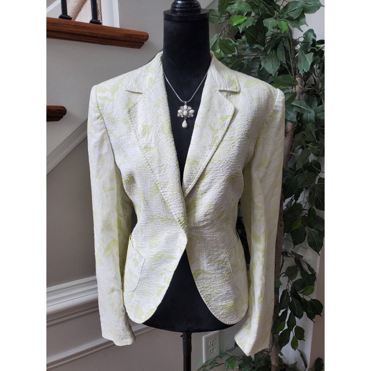 Style & Co Women White Floral Linen Long Sleeve Single Breasted Blazer Jacket 14