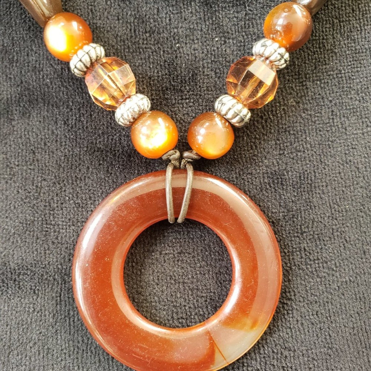 Womens Fashion Glass Beaded Brown Circle Donut Pendant Collar Necklace