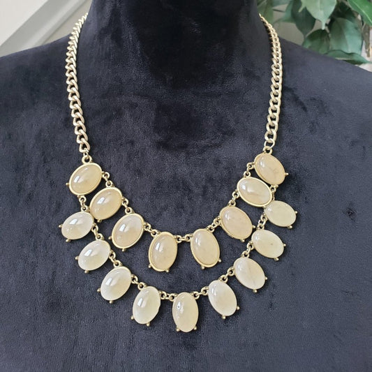 Women's Double Layer Gold Tone Cream Oval Shape Beaded Chunky Necklace