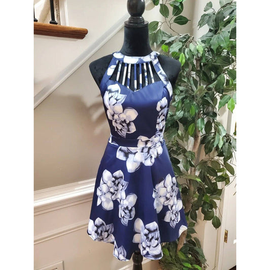 Papaya Women's Blue Floral Cotton Round Neck Sleeveless Knee Length Dress Size M