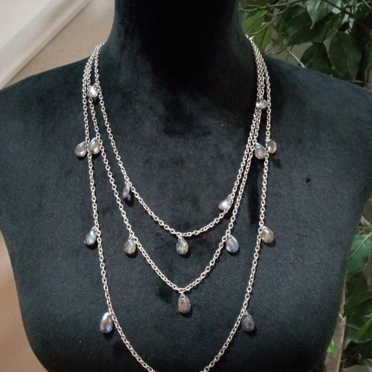 Womens Fashion Silver Tone Triple Layered Chunky Rhinestones Charm Necklace